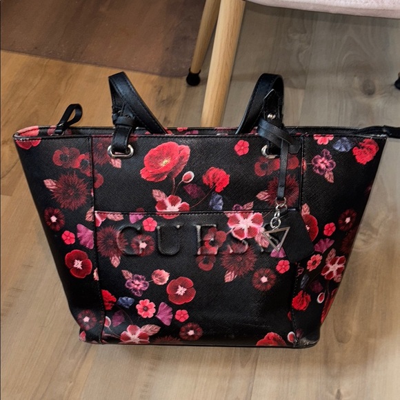 Guess Handbags - GUESS Black and Red Floral Tote